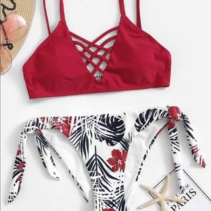 Tropical Lattice Front Tie Side Bikini, Small